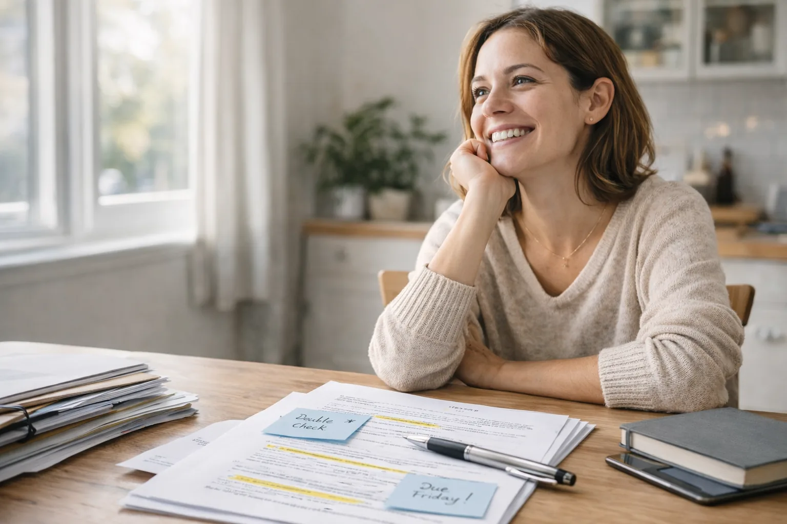 Erleichterte Person beim Ausfüllen von Unterlagen