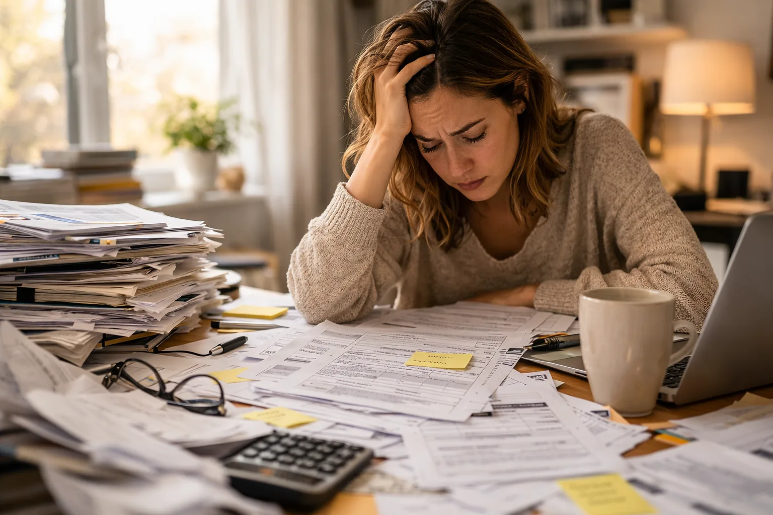 Überforderte Person am Schreibtisch mit komplizierten Formularen
